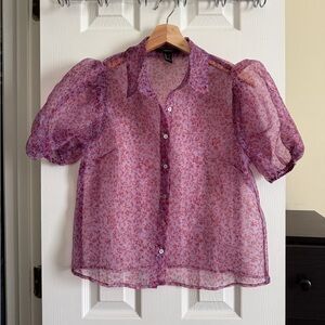 Sheer Puff-Sleeve Floral Button-Down Blouse